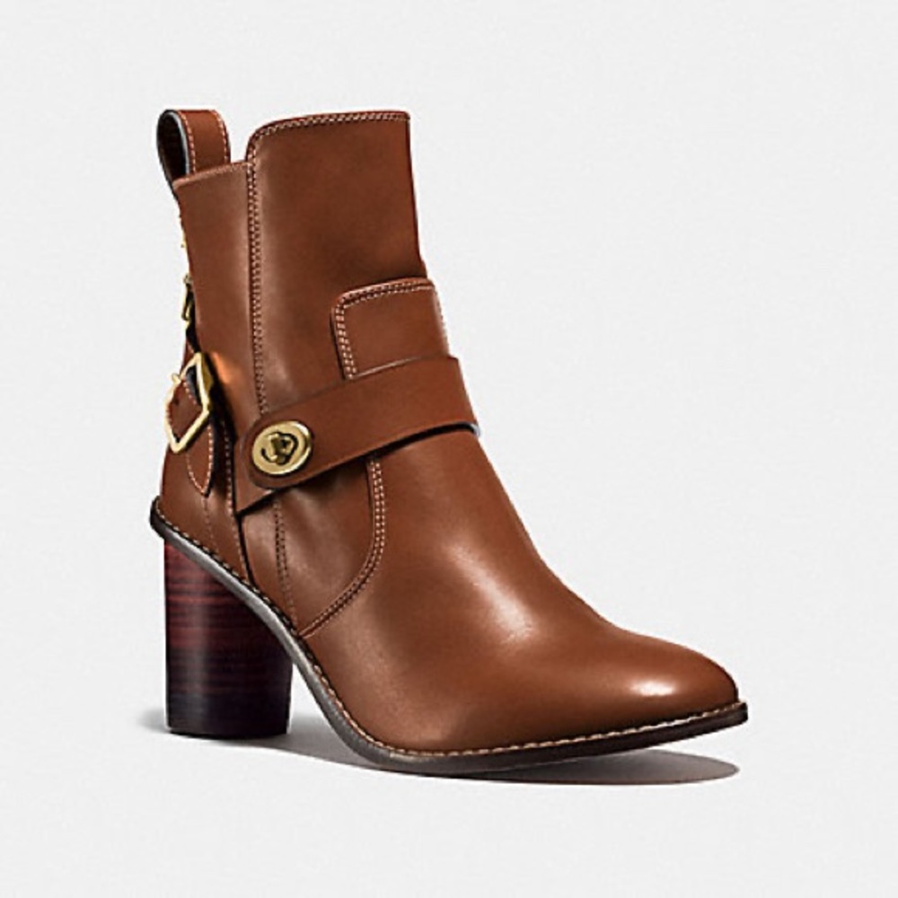 Coach Dark Saddle Leather Moto Heeled Bootie Size 9